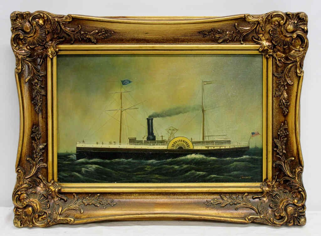 Sternwheel at Sea, Signed James: Signed lower right. In gilded frame. Height: 9.5 inches. Width: 15 inches.
