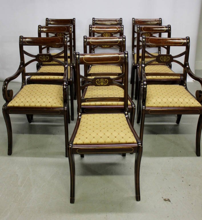 10 Custom Inlaid Brass Regency Style Dining Chairs (1 of 8)