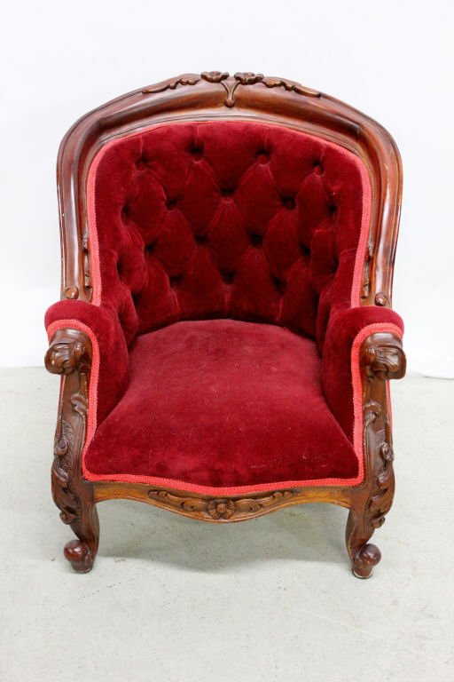 Mini. Red Velvet & Mahogany Child's Throne Chair: Height: 19 inches. Width: 16 inches. Depth: 16 inches.
