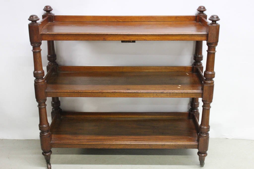 3-Tiered Mahogany Etagere: Height: 44 inches. Width: 47 inches. Length: 66 inches. Depth: 19 inches.