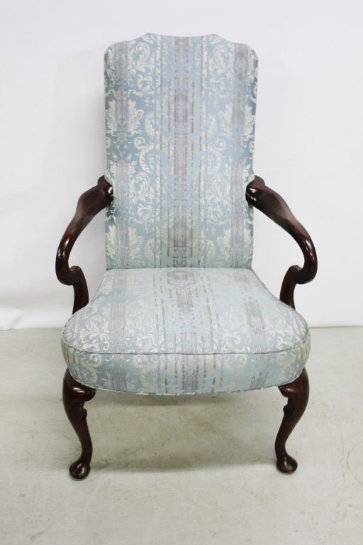 Queen Anne Armchair: Dark wood. Height: 43 inches. Width: 25 inches. Depth: 20 inches.