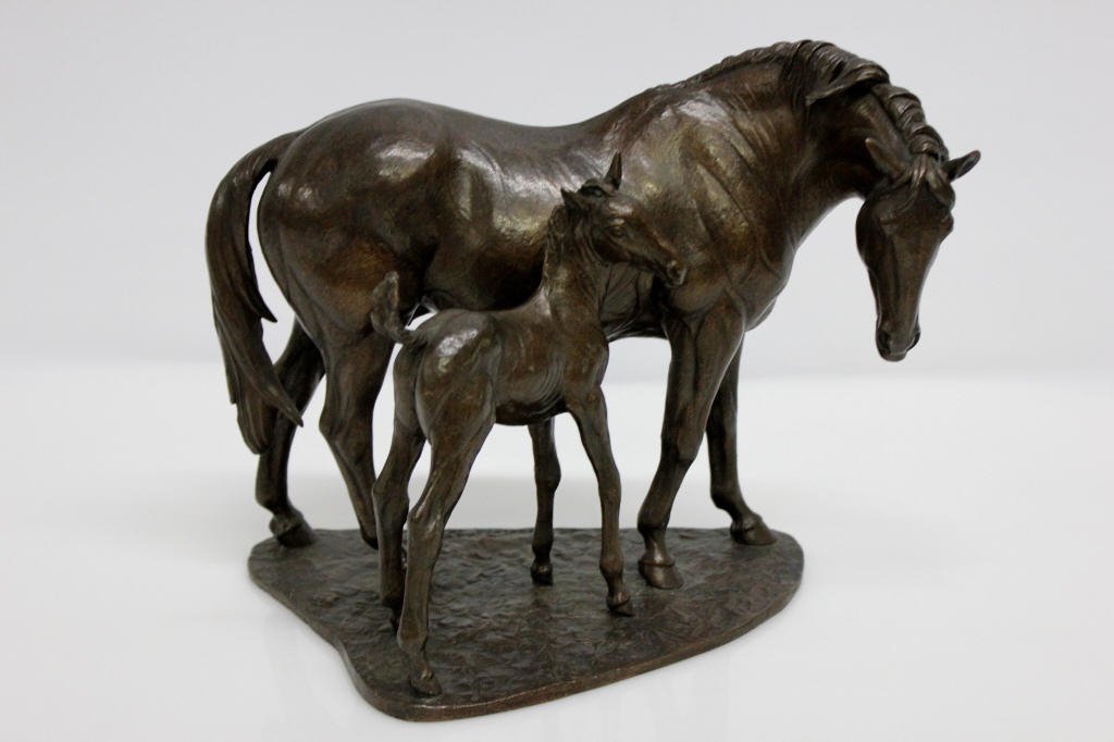 Doris Lindner Signed Bronze Horse & Mare Sculpture: dated 1968. Edition #5 engraved. Height: 9 inches. Length: 11 inches.