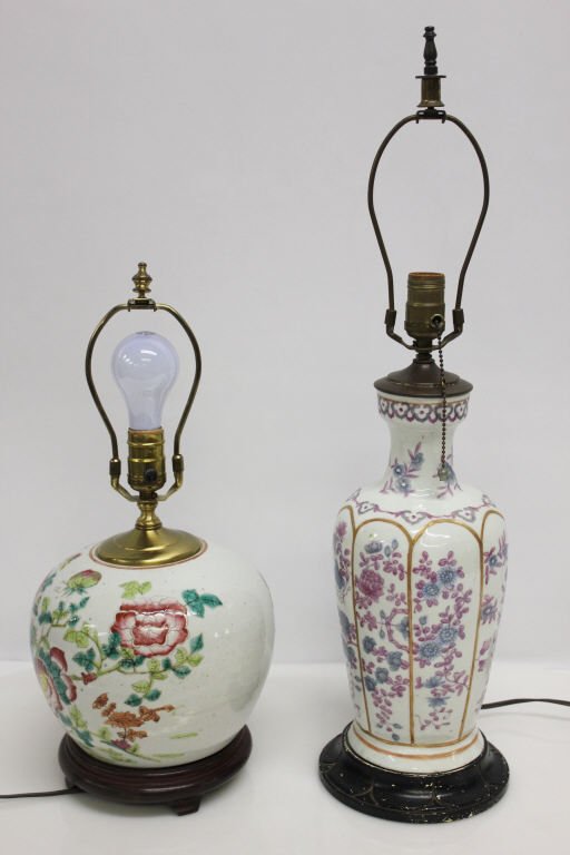 Pair of Ceramic and Brass Floral Lamps: with heightsof 13 and 18 inches.