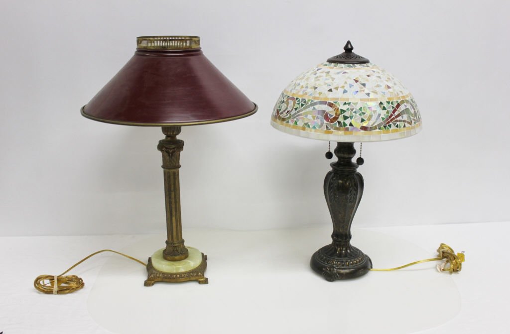 Pair of Metal and Stone/Art Glass Lamps: Lamp with mosaic art glass shade measures 23 inches in height. Lamp with onyx base measures 25 inches in height.