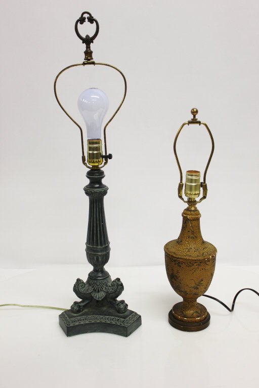Pair of Bronze Lamps, 1 Patina, 1 Crackle: Crackle urn form lamp height: 11 inches. Patina Lamp height: 15 inches.