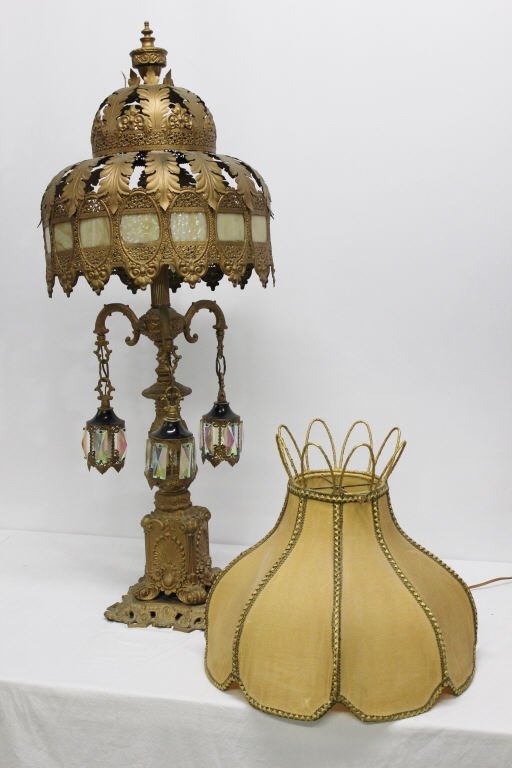 Ornate Glass & Gilt Victorian Table Lamp w Prisms (1 of 8)