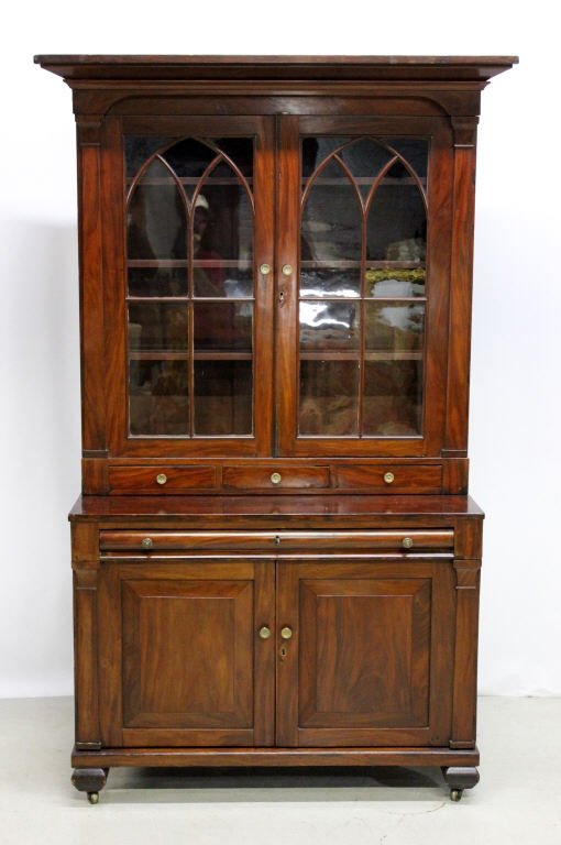 Antique Secretary w Inlaid Leather Writing Desk: Late Federal/Early Empire. Height: 76.5 inches. Width: 42 inches. Depth: 20 inches. 4-Doors, 5-Drawers.