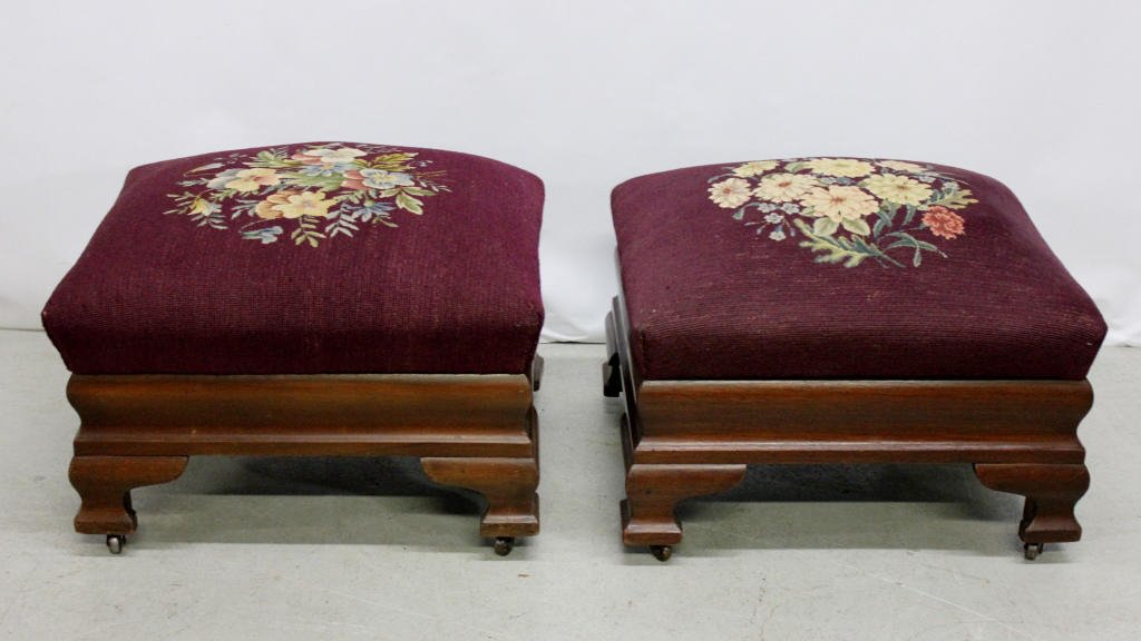 Pair of Antique Mahogany & Needlepoint Footstools (1 of 6)
