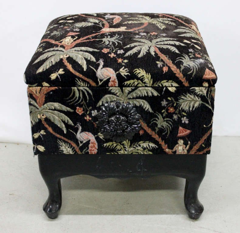 Upholstered Storage Box on Lacquered Wood Base: Clawed feet. Height: 21 inches. Length: 28 inches. Depth: 14 inches.