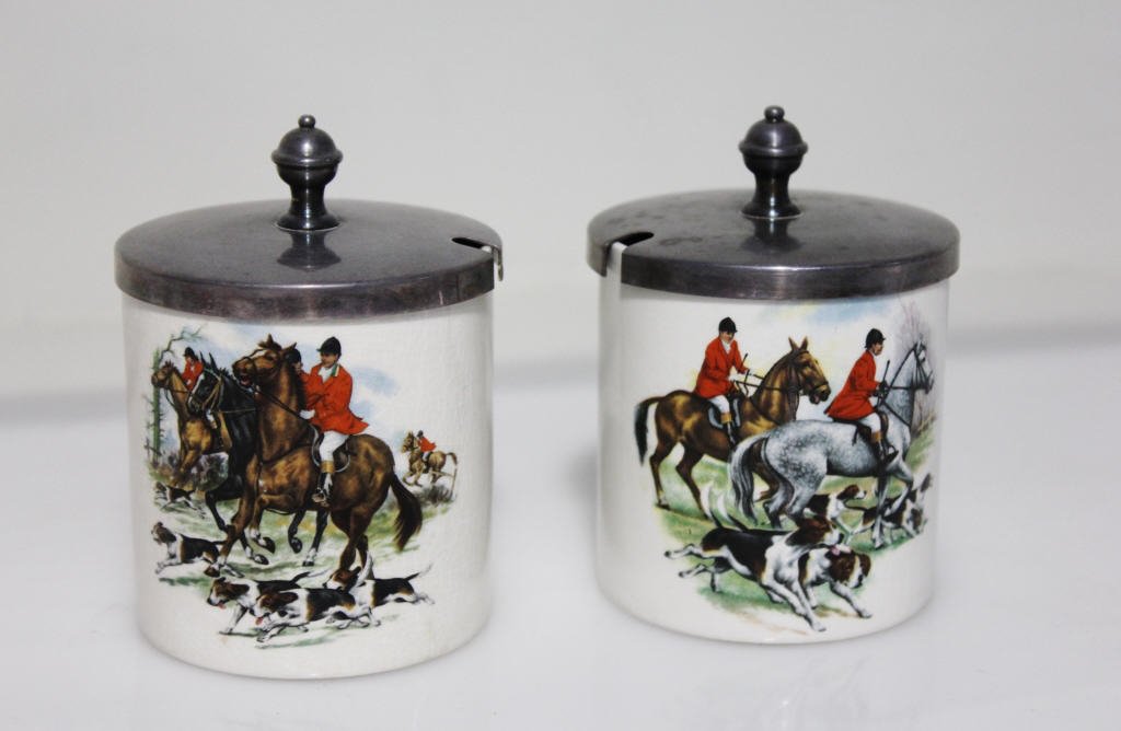 Pair of Royal Norfolk Jelly Jars, Fox Hunt Motif: Straffordshire, England. Height: 3 inches. Diameter: 2.5 inches.