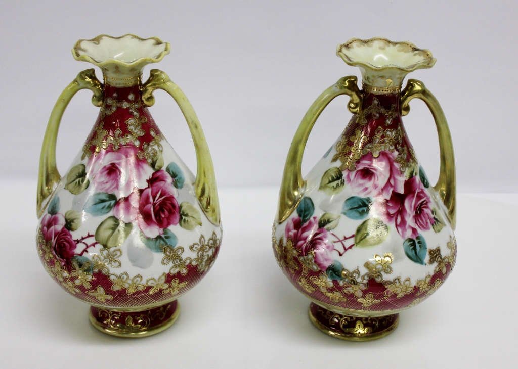 Pair of 2-Armed Urn-Form Gilded Vases: Floral Motif. Height: 10 inches. Diameter: approx. 7 inches.