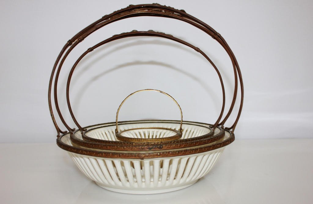 Antique Porcelain and Bronze Nesting Baskets: Heights: 10 inches, 9 inches, 8 inches, 4 inches
