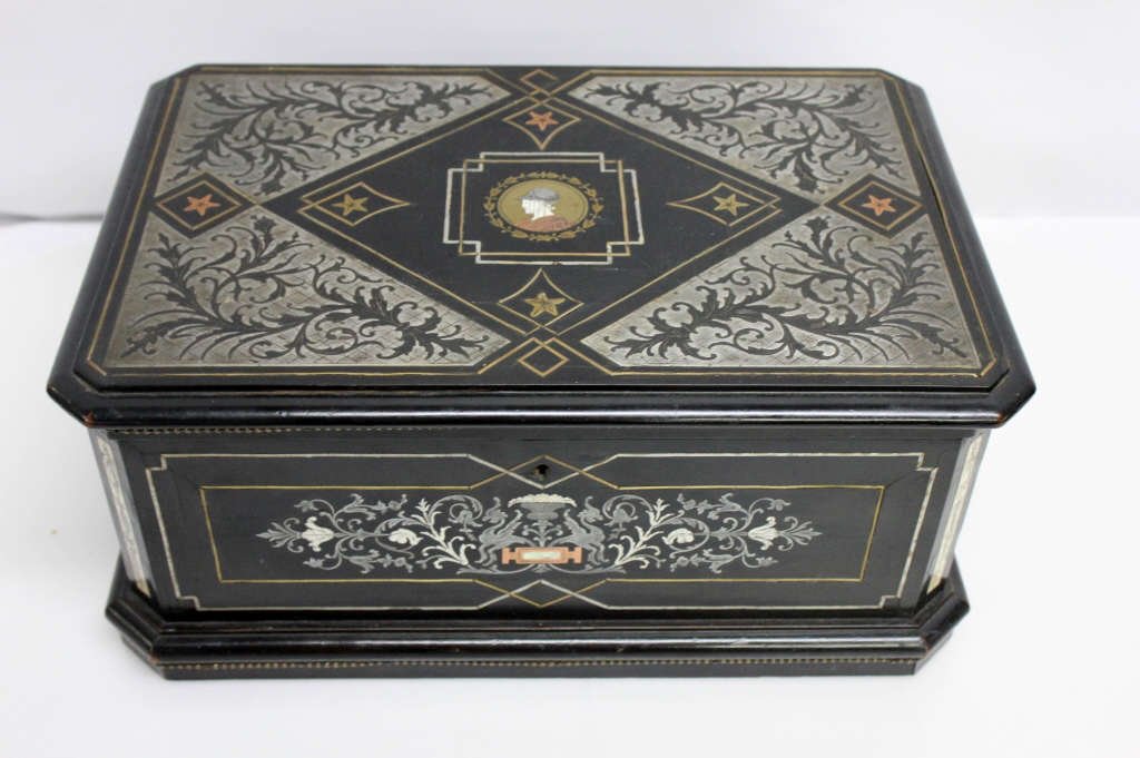 Lacquered Box Inlaid w Mother of Pearl, Silver,: Bronze and Copper. Height: 8 inches. Length: 16 inches. Depth: 11 inches.