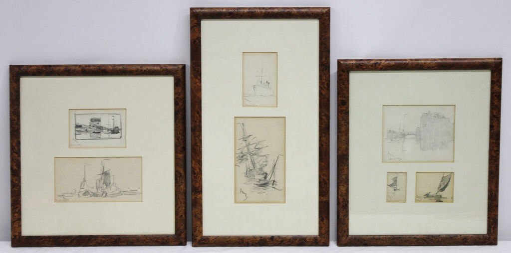 7 Framed Sketches of Ships, Signed Frank Boggs (1 of 10)