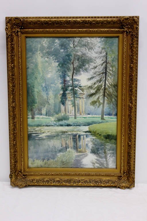 Watercolor Rotunda and Stream, Signed P. Russell: Signature lower left. Height: 21.5 inches. Width: 14 inches.