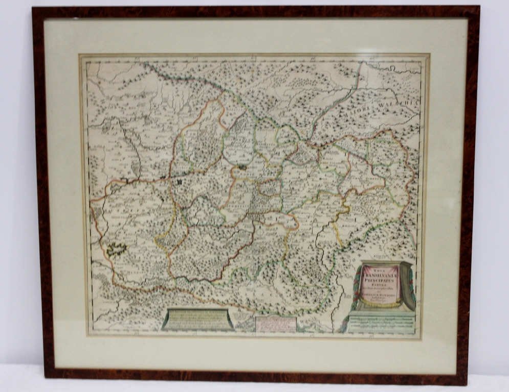 Framed Antique Color Map of Transylvania: Believed 19th century. Nova Transilvaniae Principatus Tabula. Height: 20 inches. Width: 23 inches. Framed.