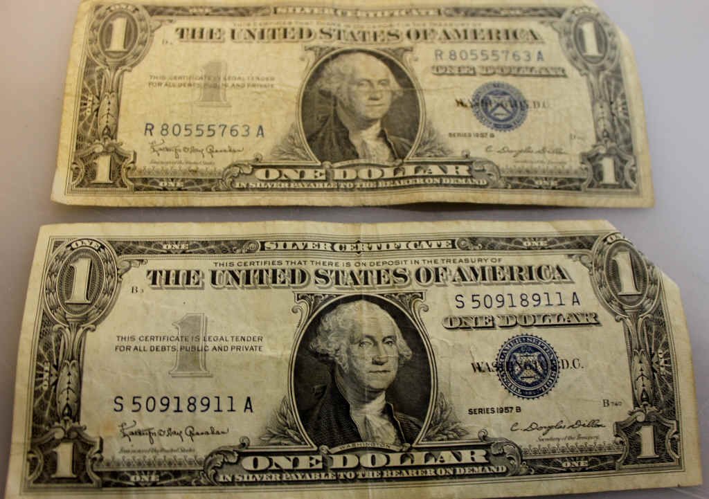 Two $1 Dollar Bills, Silver Certificates: series 1957B.