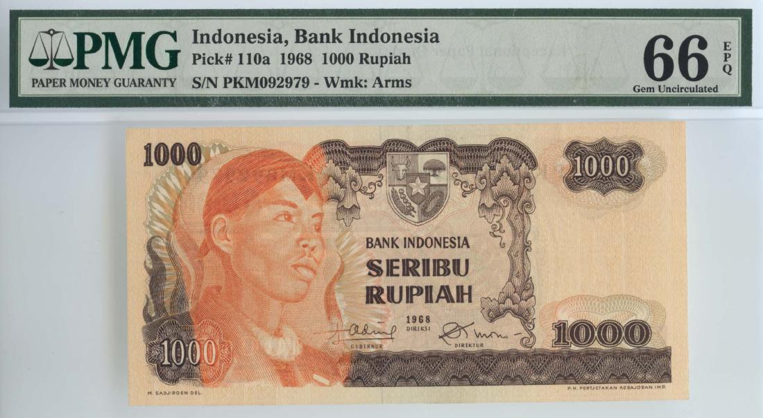 INDONESIA: Bank Indonesia: 1,000-Rupiah 1968 s/n. PKM092979 (P.110a) PMG 66 EPQ
