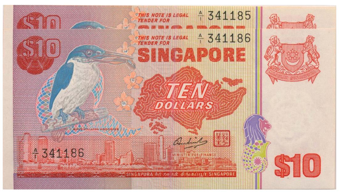 SINGAPORE Bird $10 A/1 341185-86: Bird Series: $10 First prefix A/1 341185-86 (KNB15a) Original UNC (2pcs)