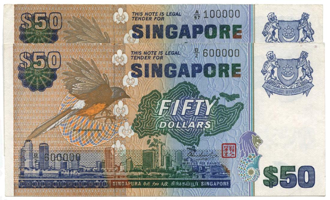 SINGAPORE Bird $50 A/97 100000 & B/2 600000: Bird Series: $50 Golden numbers A/97 100000 & B/2 600000 (KNB17b) Washed & pressed GVF-EF (2pcs)