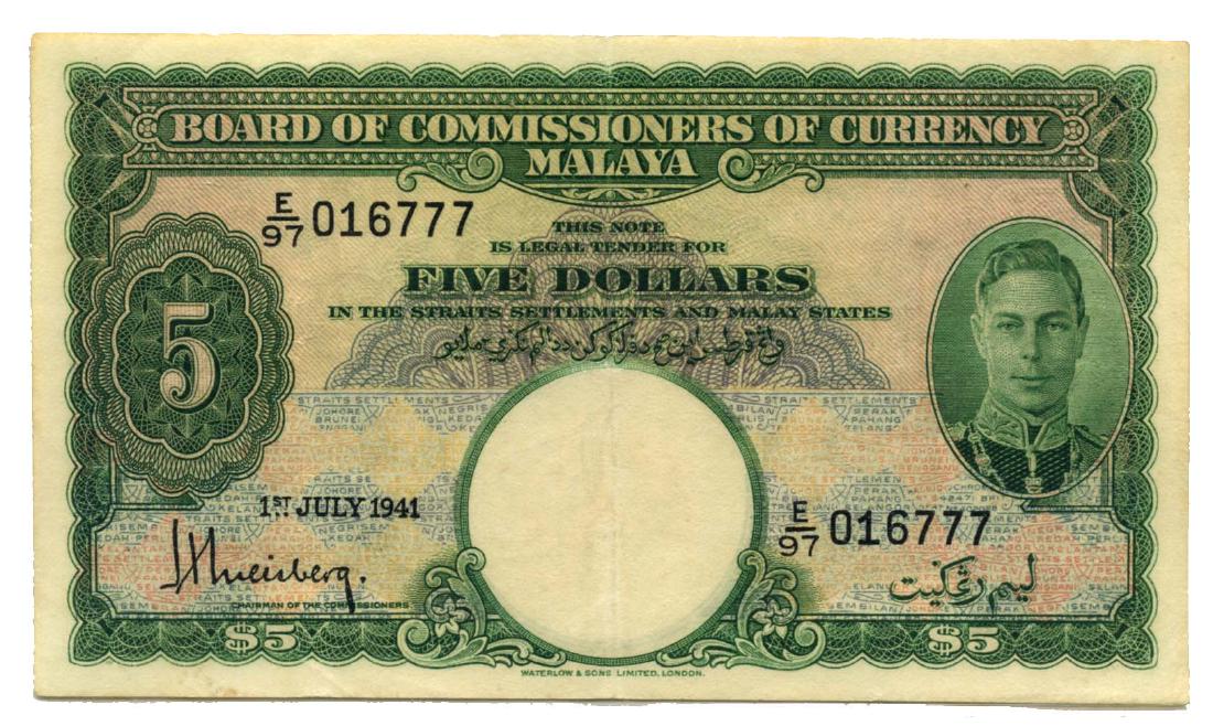 MALAYA George VI: $5 1941: George VI: $5 1941 E/97 016777 (KNB12a) Original EF.