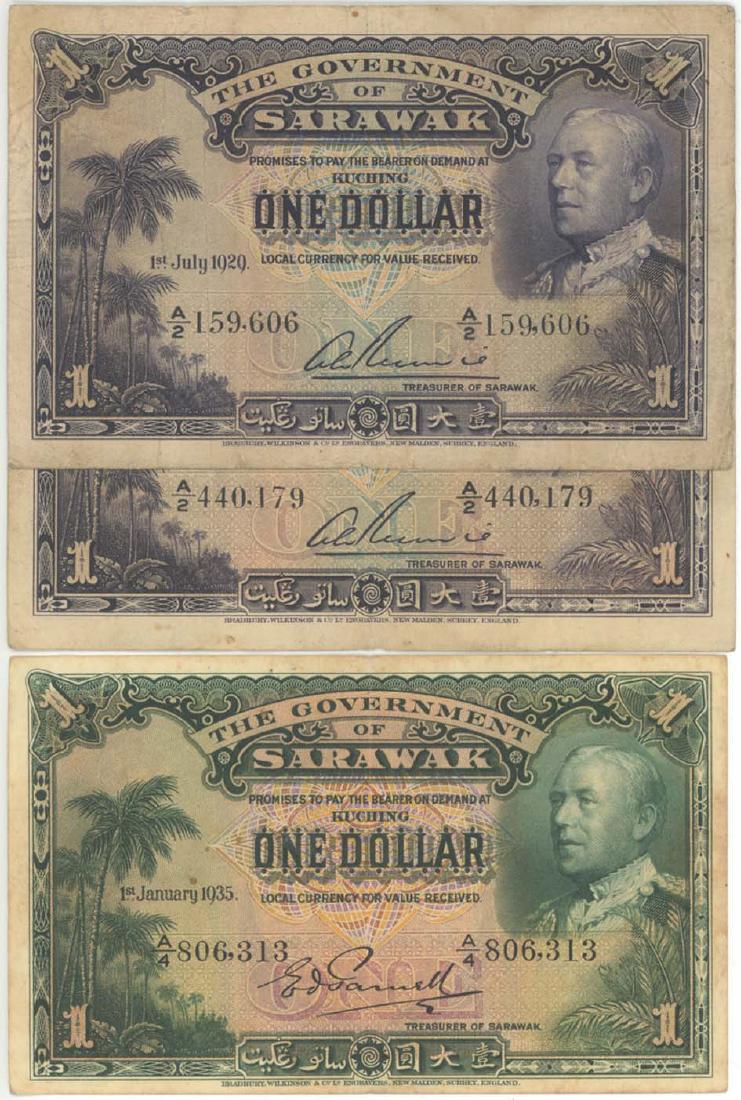 SARAWAK C V Brooke: $1 (3pcs): C V Brooke: $1 1929 A/2 159606 & 440179 (P.20a) $1 1935 A/4 806313 (KNB27a) Original GF-VF (3pcs)