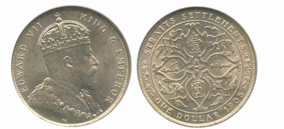 STRAITS SETTLEMENT Edward VII Silver $1 1908. NGC MS62. (1 of 1)