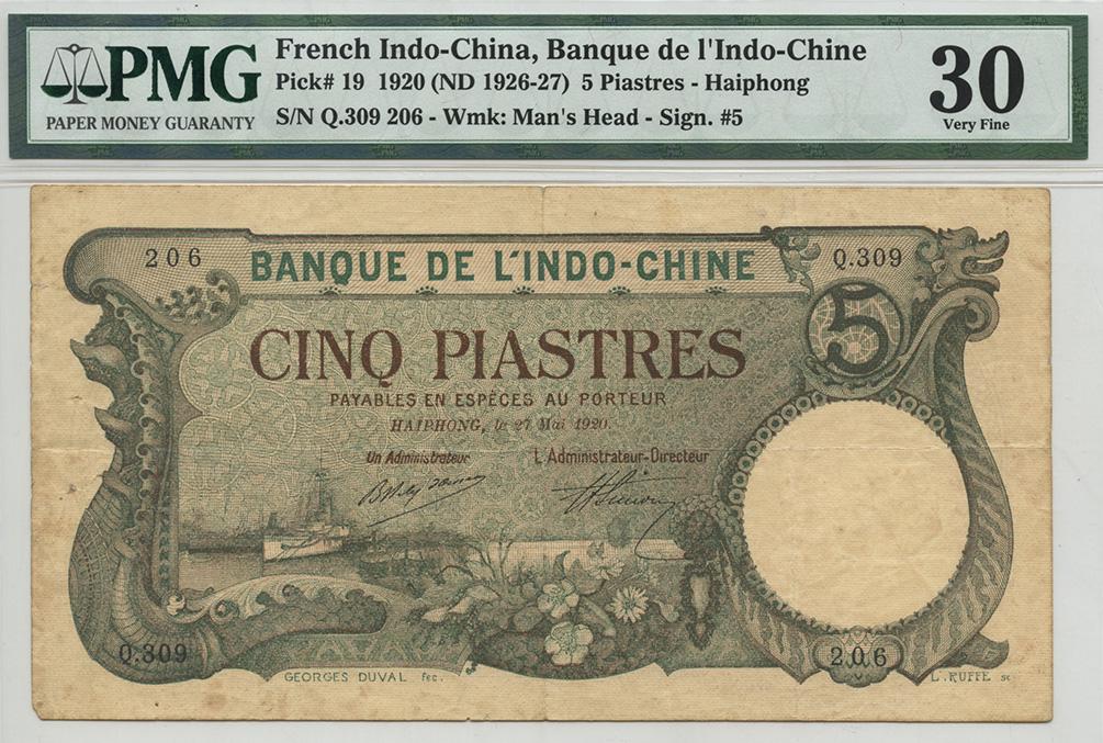 FRENCH INDO-CHINA Banque De Lâ€™Indochine 5-Piastre (1 of 1)