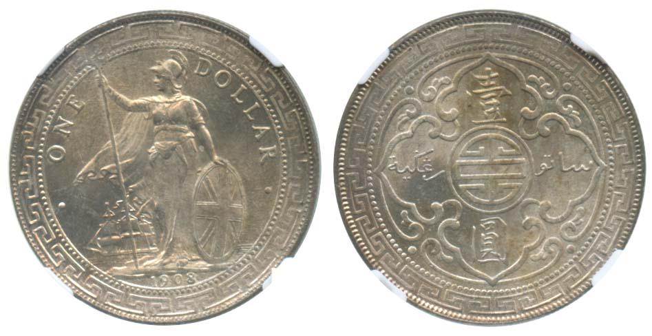 GREAT BRITAIN BTD Silver Dollar 1908B (KM T1) NGC MS 62 (1 of 1)