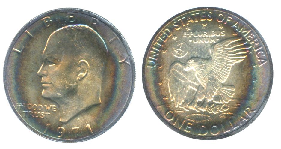 USA 1971S USA Silver $1 NTC MS64 Rainbow toning (1 of 1)