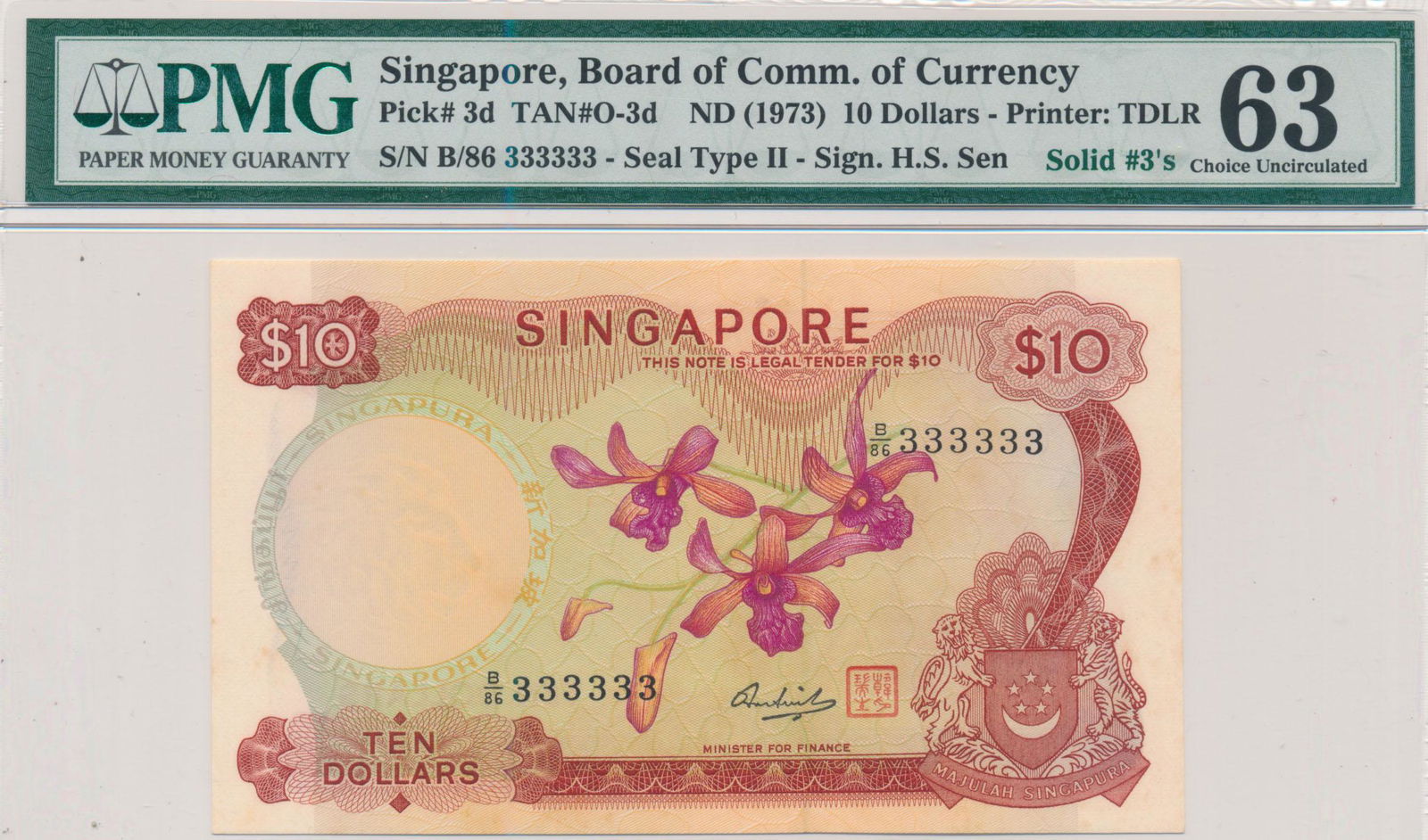 SINGAPORE Orchid Series $10 HSS with seal Solid Numbers (1 of 1)