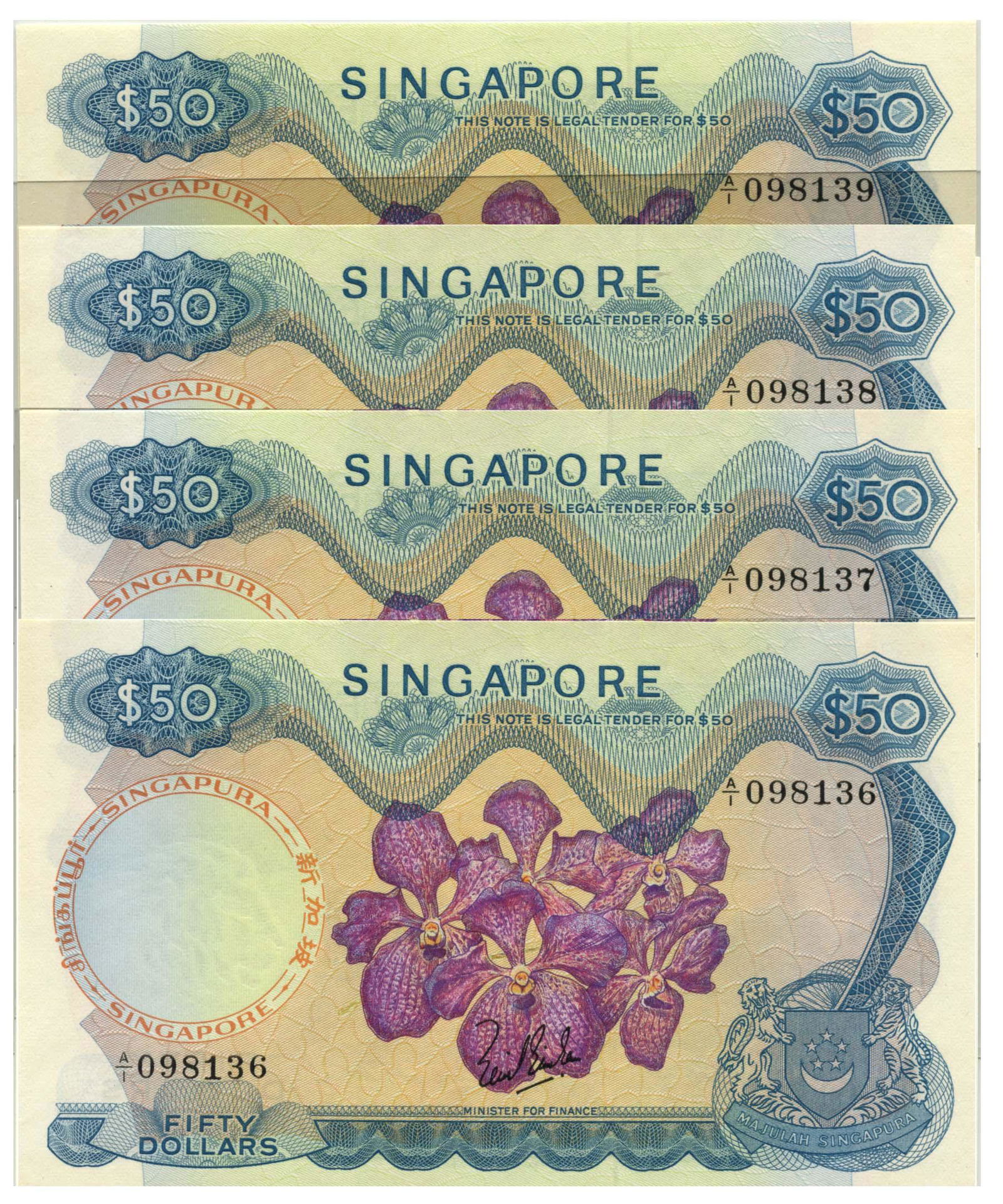 SINGAPORE Orchid Series $50 First Prefix A/1 098136-39. (1 of 1)