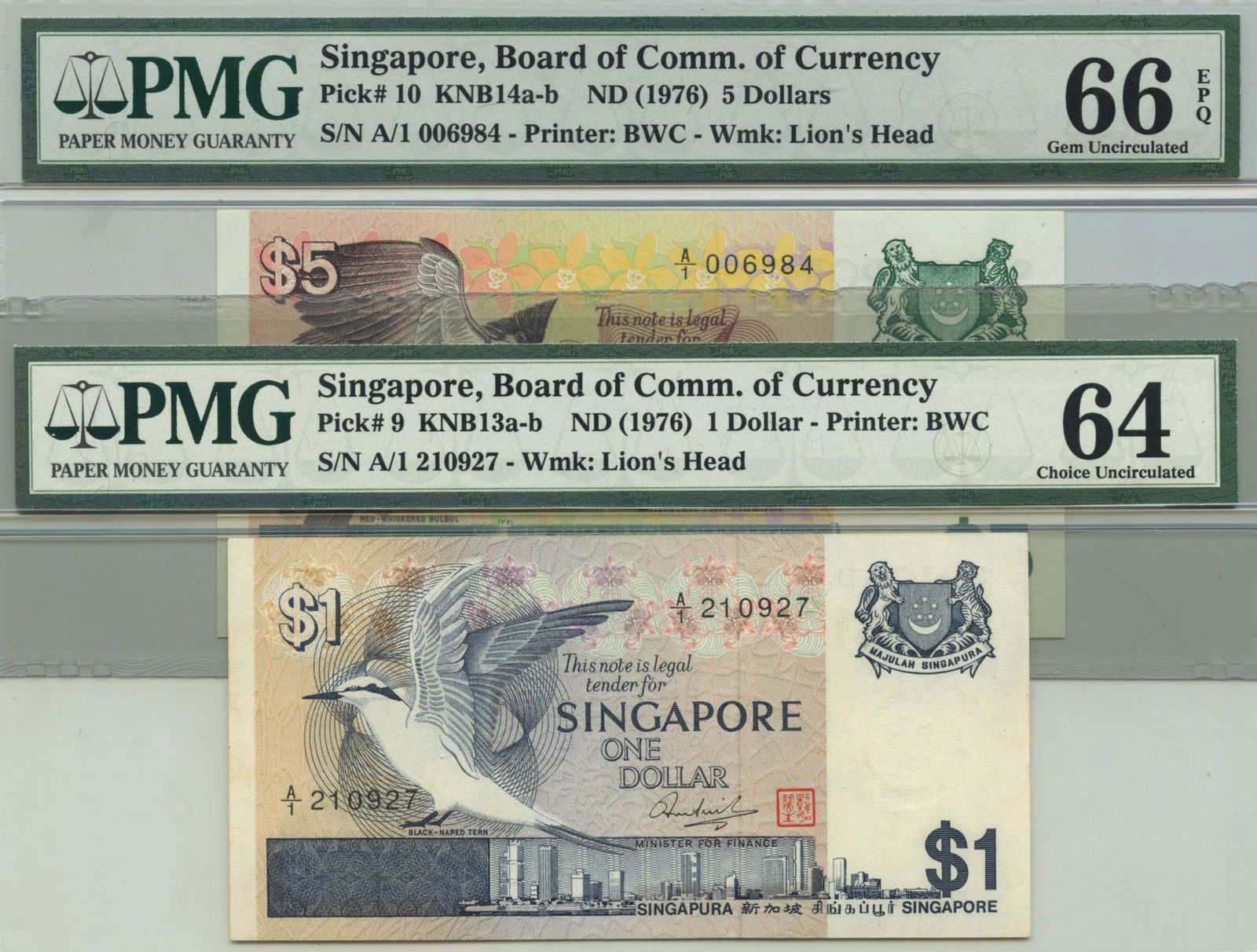SINGAPORE Bird Series $1 First Prefix A/1 210927 & $5 (1 of 1)