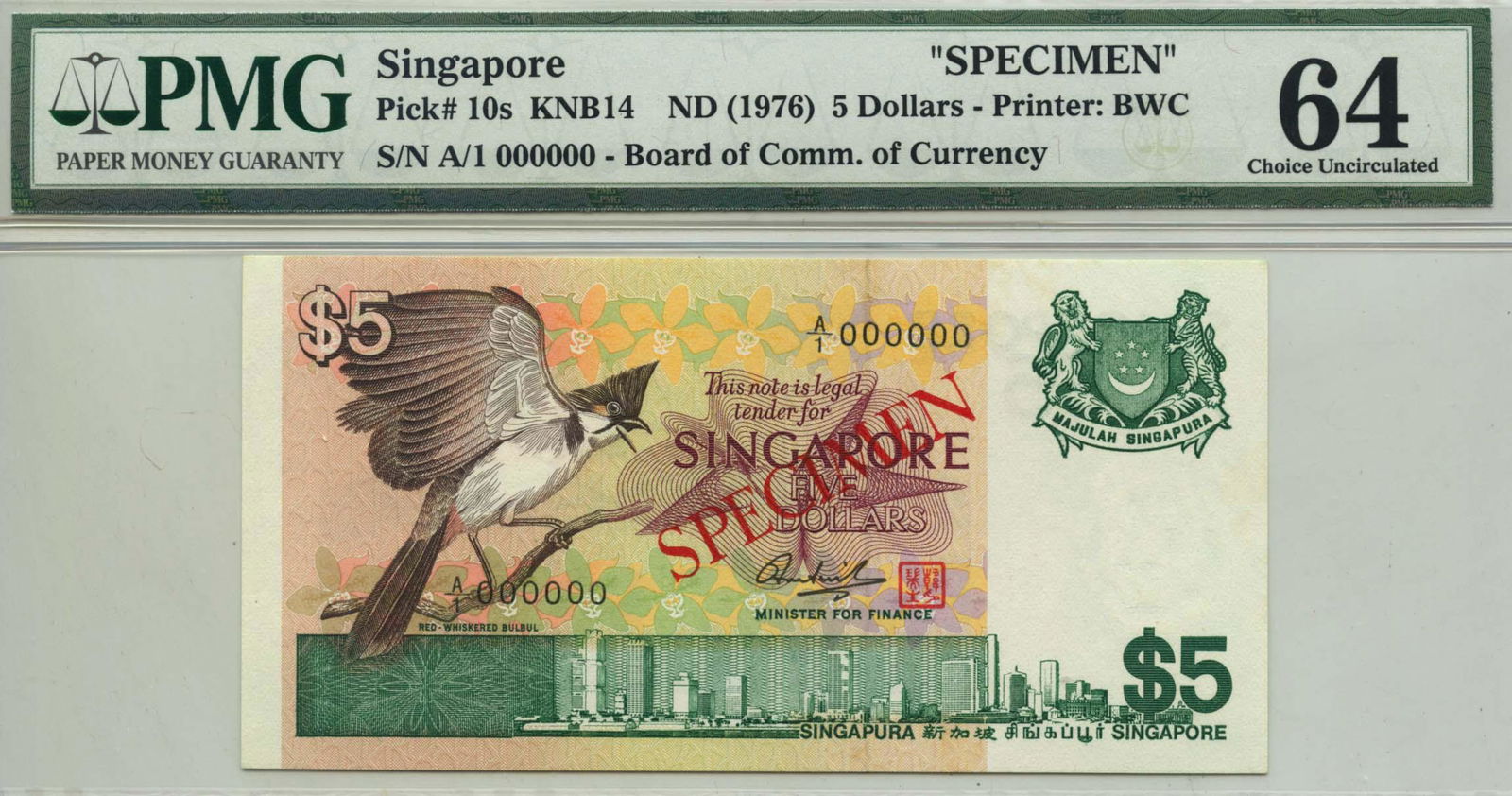 SINGAPORE Bird Series $5 Specimen Note A/1 000000 (1 of 1)