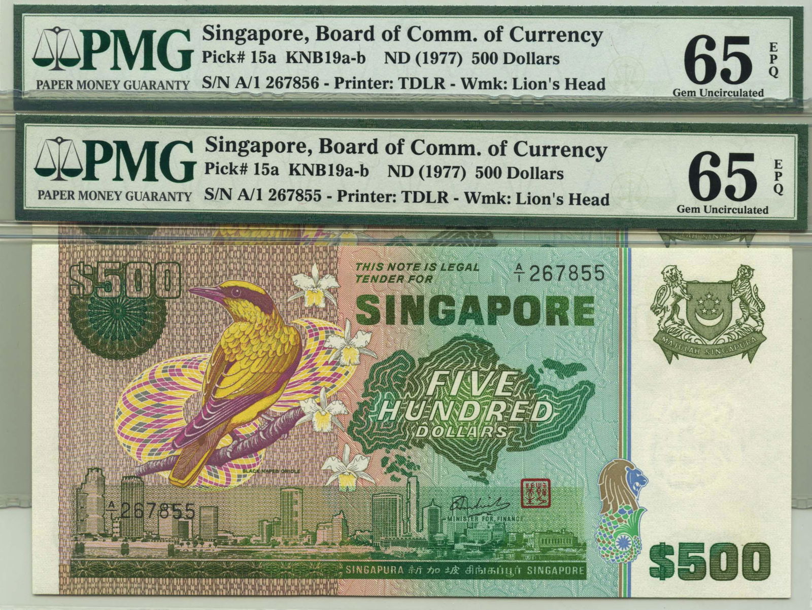 SINGAPORE Bird Series $500 pair A/1 267855-856 (KNB19a) (1 of 1)