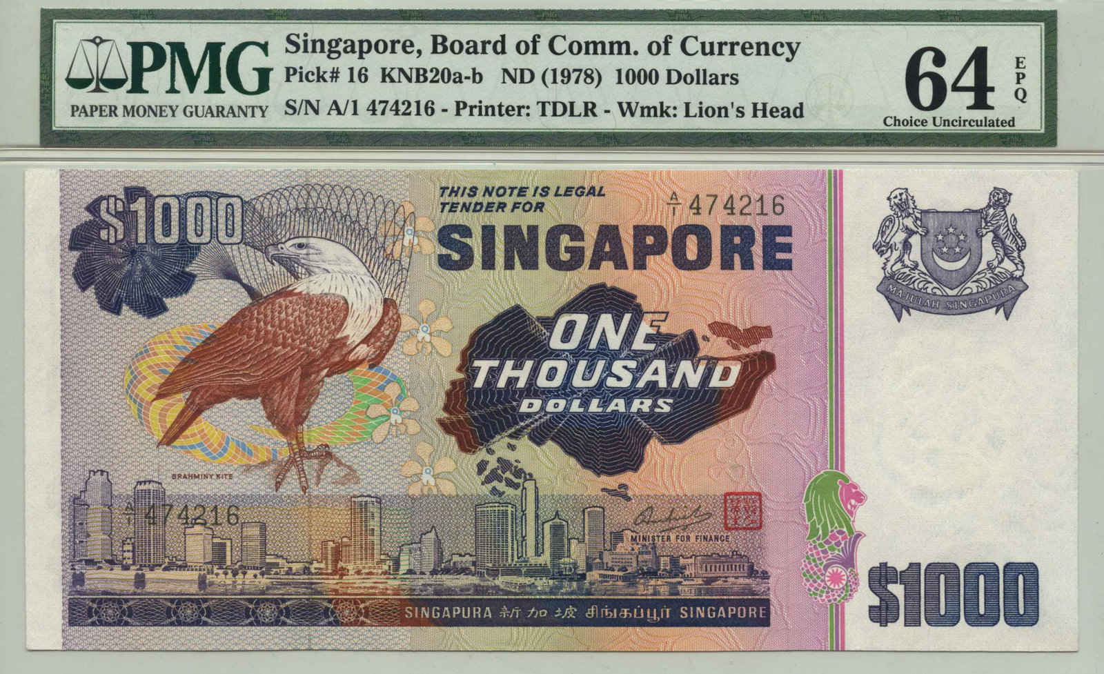 SINGAPORE Bird Series $1000 A/1 474216 KNB20a) PMG (1 of 1)