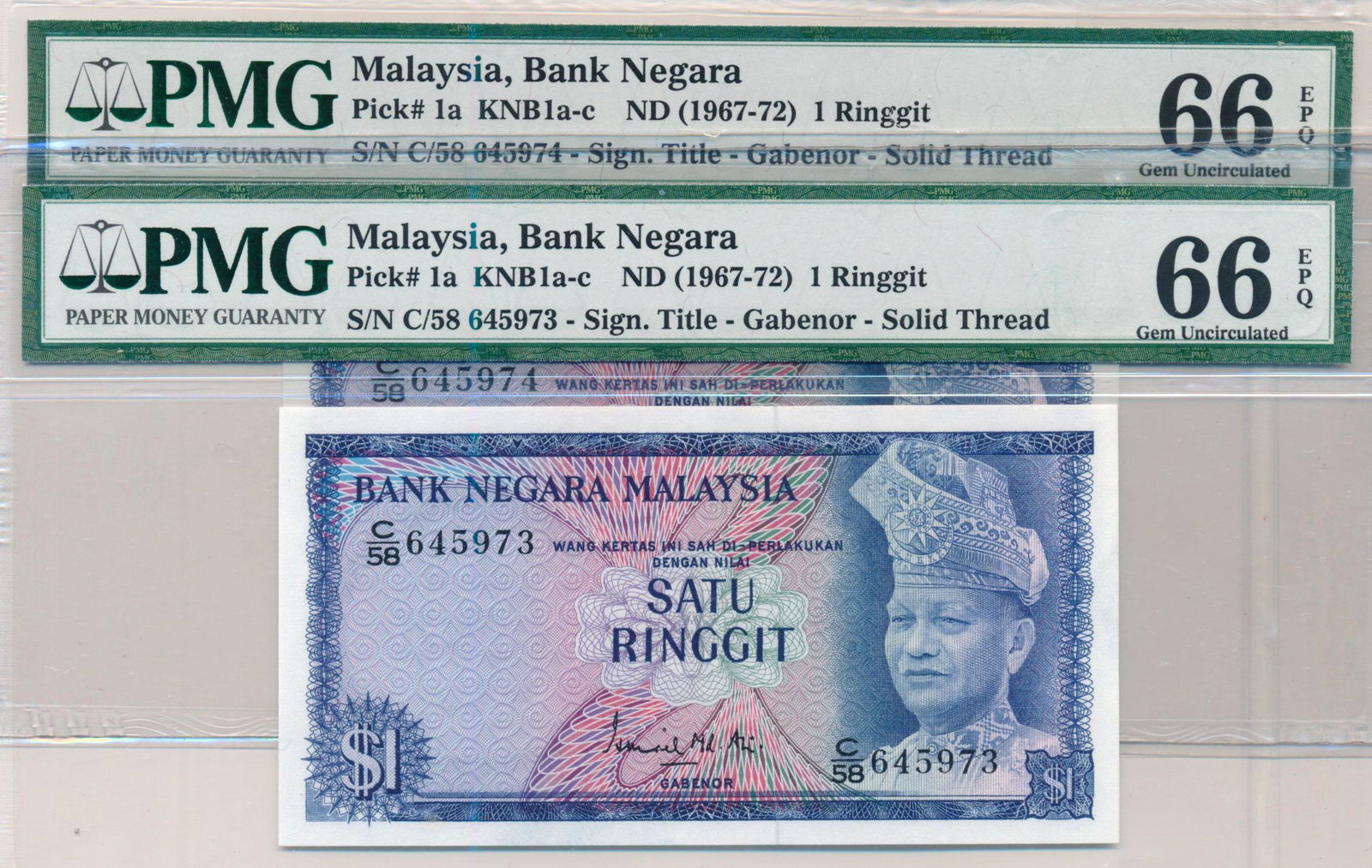 MALAYSIA  1st Series RM1 1967 C/58 645973-74 PMG 66 EPQ (1 of 1)