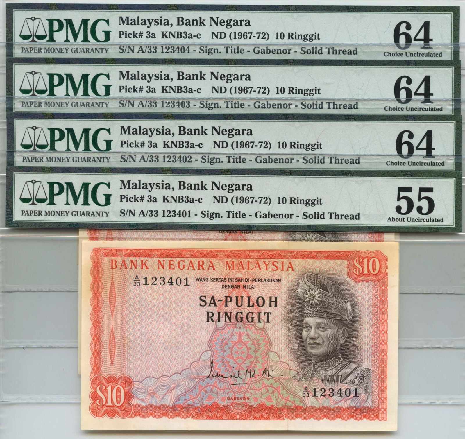 MALAYSIA  1st Series RM10 consecutive A/33 123401-04 (1 of 1)