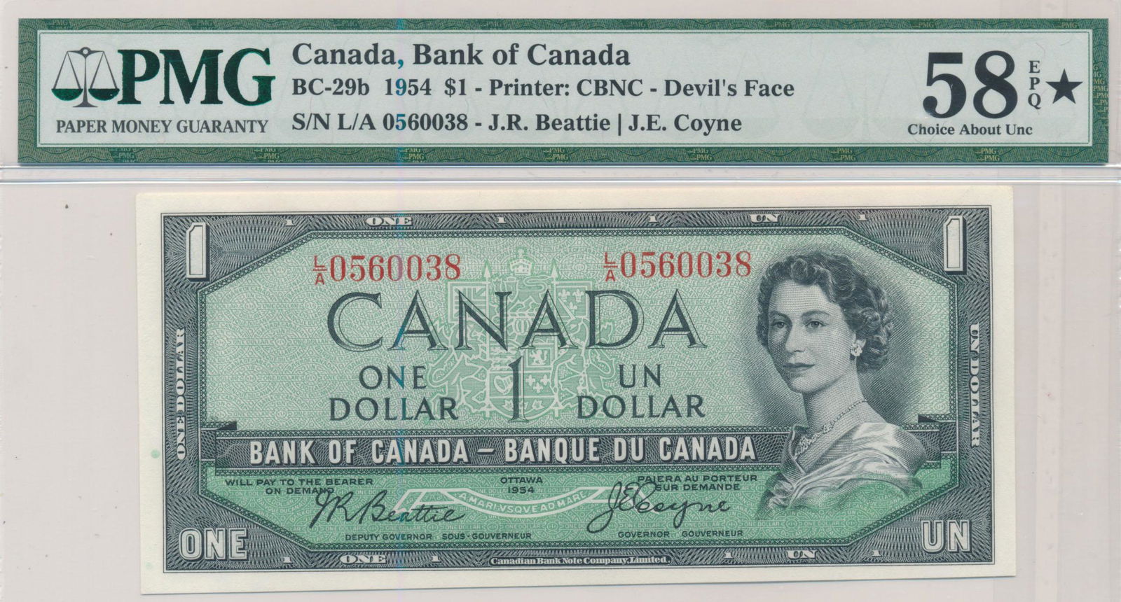 CANADA Bank of Canada 1954 $1 L/A 0560038 Devils (1 of 1)