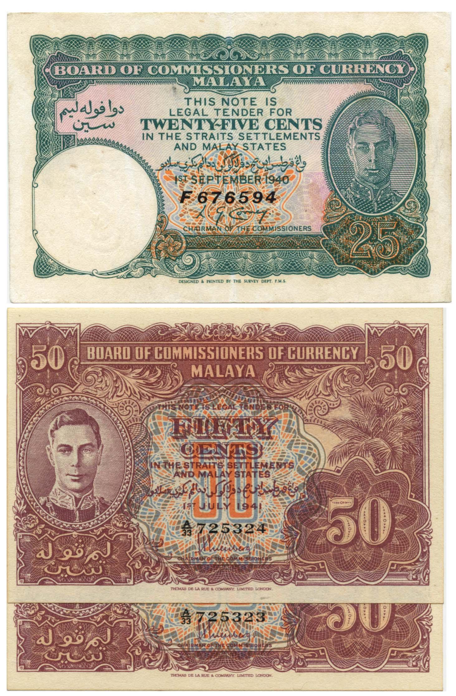 MALAYA George VI 1940 25-Cents F676595, 1941 50-Cents (1 of 1)