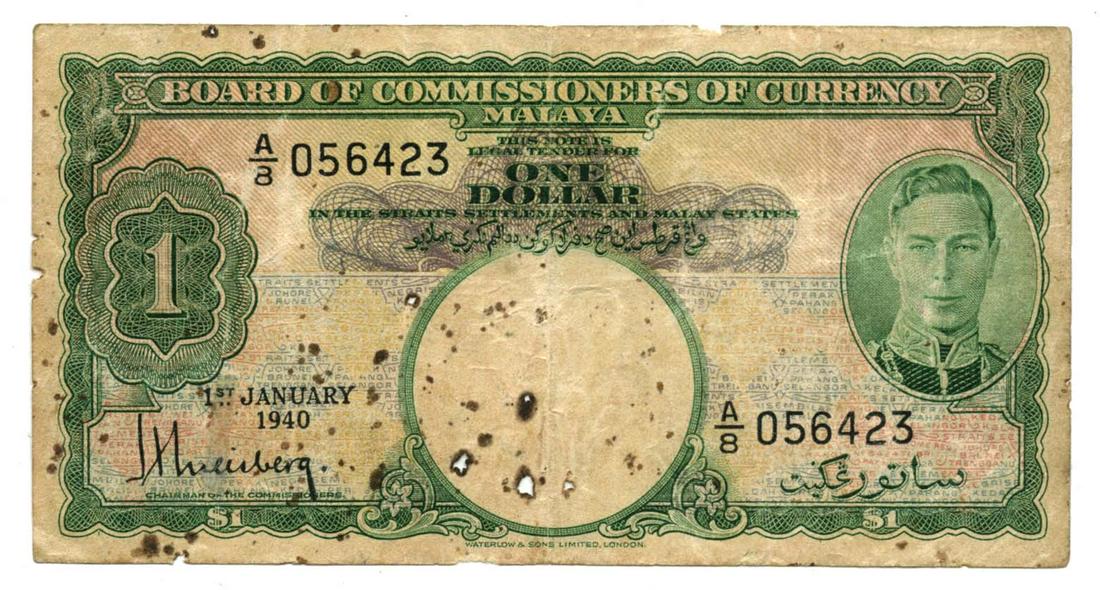 MALAYA George VI $1 1940 A/8 056423. Original GF, some (1 of 1)