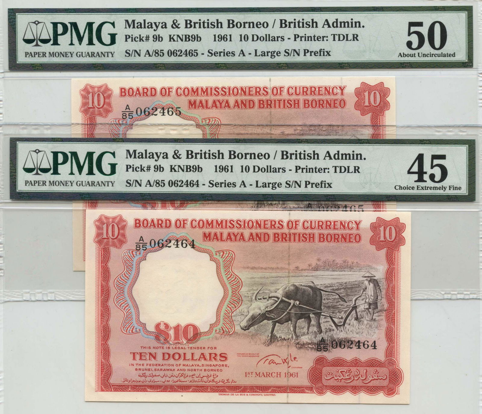 MALAYA & BRITISH BORNEO Buffalo 1961 $10 consecutive (1 of 1)