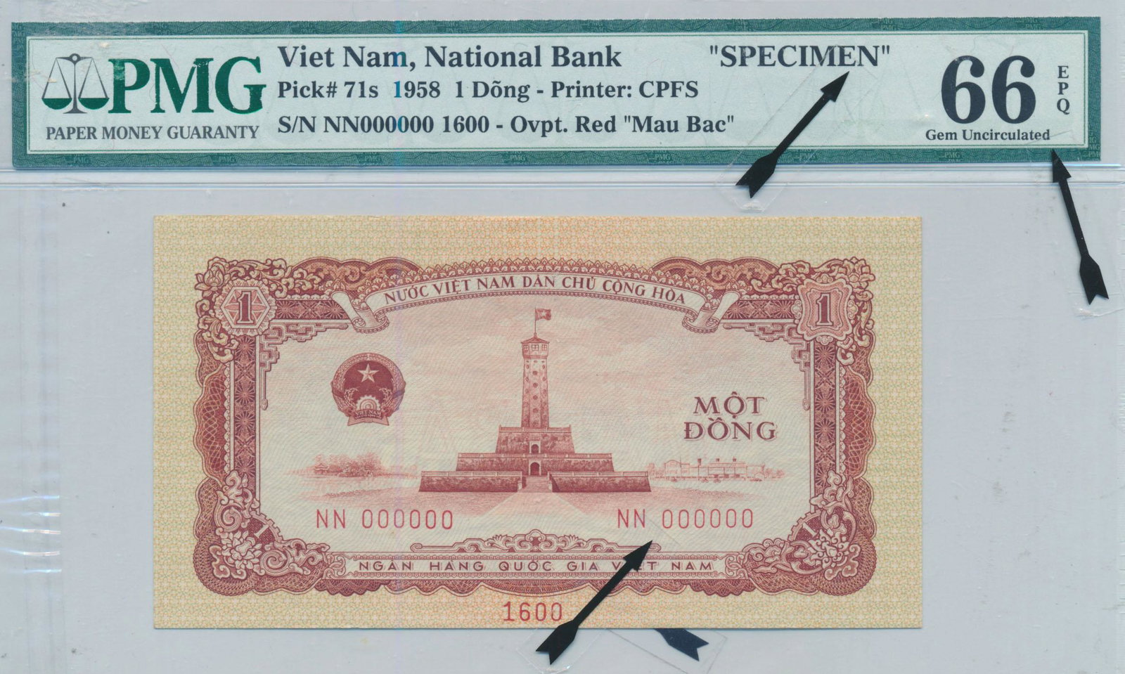 VIETNAM National Bank 1958 1-Dong Specimen NN000000: VIETNAM National Bank 1958 1-Dong Specimen NN000000 1600 PMG 66 EPQ