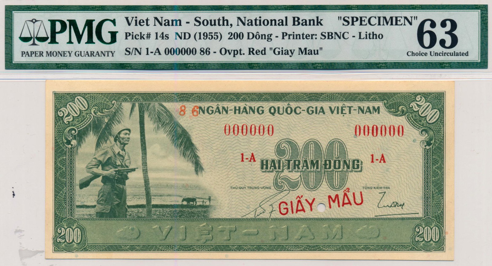VIETNAM South National Bank 1955 200-Dong 1-A 000000 86: VIETNAM South National Bank 1955 200-Dong 1-A 000000 86 PMG 63