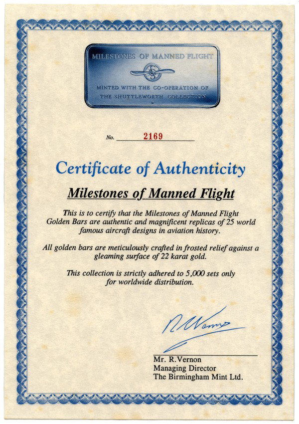 WORLD World 22KT Gold Electroplate On Bronze, Bir: WORLD World 22KT Gold Electroplate On Bronze, Birmingham Mint Milestone of Manned Flightâ. In original box and certificate (25pcs)