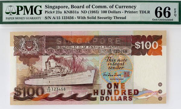 SINGAPORE. Ship Series: $100 1985 Ladder No. A/15 : SINGAPORE. Ship Series: $100 1985 Ladder No. A/15 123456 HTT sign. (KNB31d) PMG 66 EPQ UNC