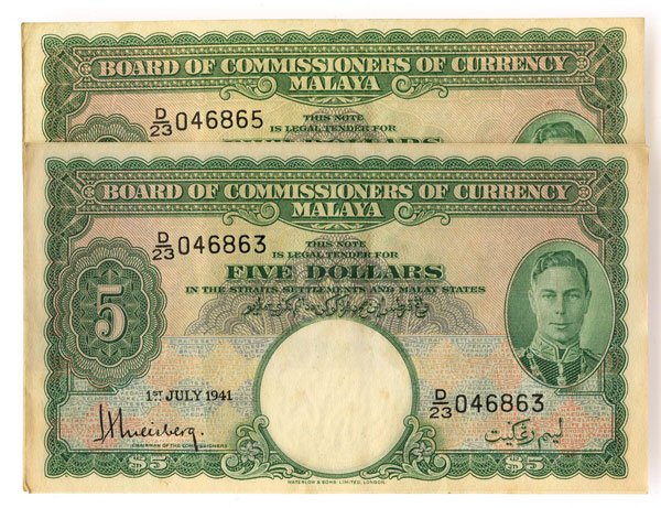 MALAYA. George VI $5 1941 consecutive D/23 046863: MALAYA. George VI $5 1941 consecutive D/23 046863-65 (KNB12) Minor foxing, original GEF (3pcs)