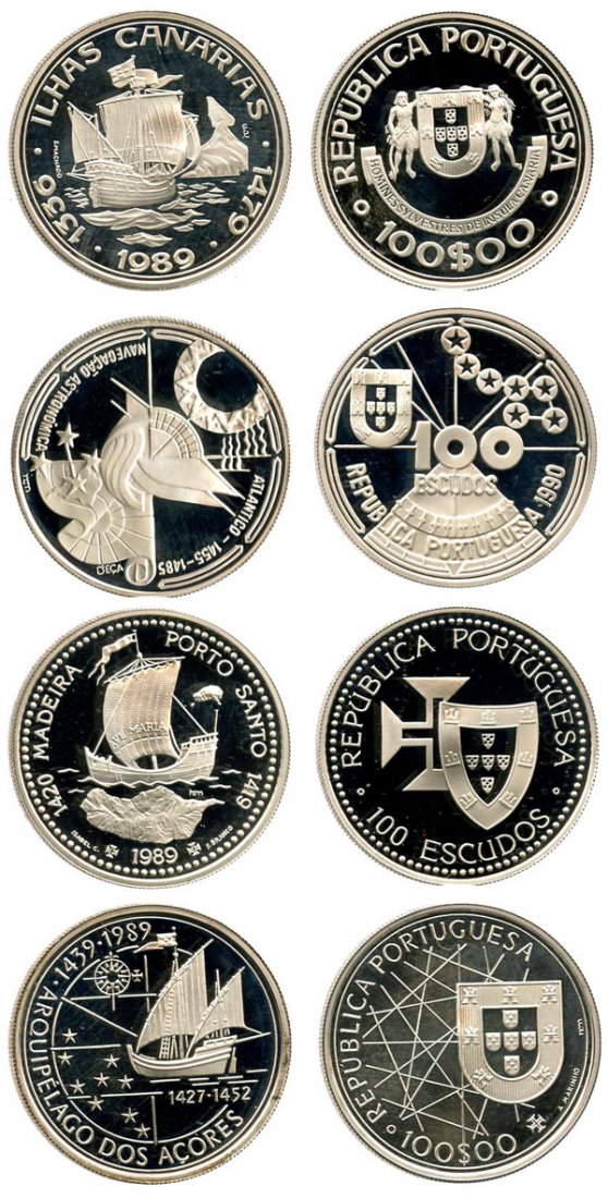 PORTUGAL. Silver: 100-Escudos 1989 & 1990 "The explorat: PORTUGAL. Silver: 100-Escudos 1989 & 1990 "The exploration of the Canaries, The discovery of Porto Santo & Madeira, The discovery and settling of the Azores, The newborn science of celestial navigatio