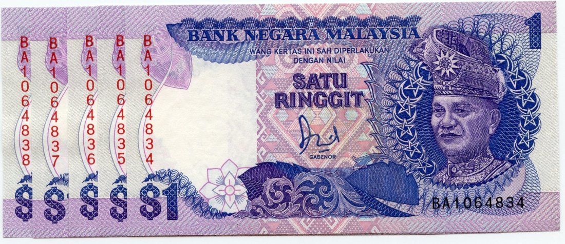 MALAYSIA. 6th Series: RM1 1986 consecutive Replacement: MALAYSIA. 6th Series: RM1 1986 consecutive Replacement no. BA1064834-38 "without silver thread" (KNB32b) Original UNC (5pcs)