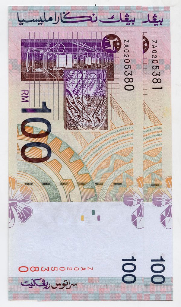 MALAYSIA. 9th Series: RM100 1999 Replacement consecutiv: MALAYSIA. 9th Series: RM100 1999 Replacement consecutive pair ZA0205380-81 (KNB54b) Original UNC (2pcs)